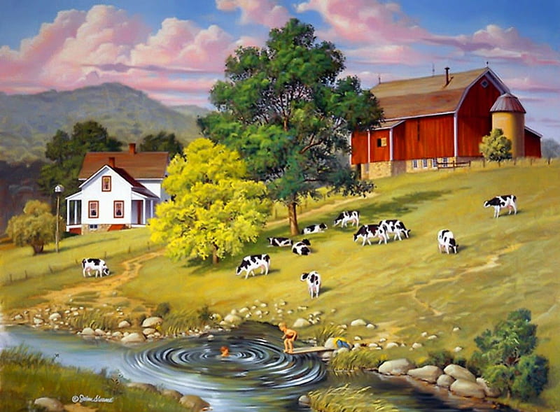 Good old summertime, stream, pretty, house, shore, grass, cottage, cabin, bonito, old, barn, countryside, farm, nice, calm, good, painting, village, river, animals, cows, art, quiet, lovely, summer time, creek, sky, water, serenity, peaceful, summer, HD wallpaper