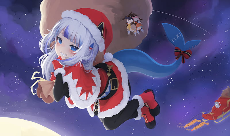 Anime, Virtual Youtuber, Blue Eyes, Gawr Gura, Girl, Hololive, Santa Hat, White Hair, HD wallpaper