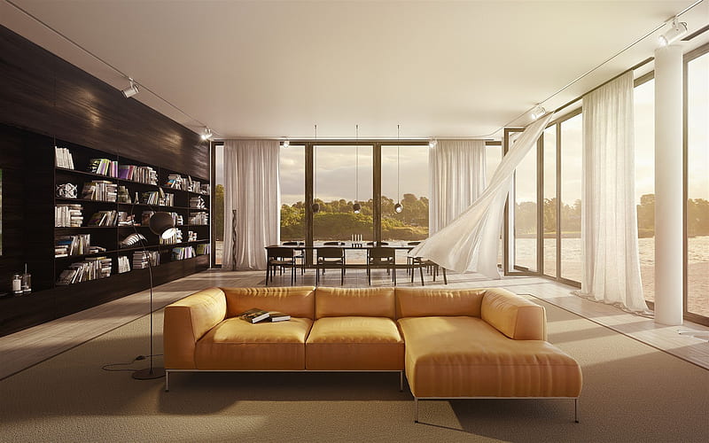 living room, stylish interior design, orange large leather sofa, minimalism, modern interior design, HD wallpaper