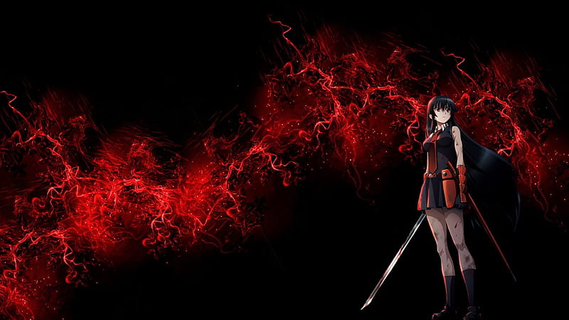 Akame Of The Demon Sword, red, Akame Ga Kill, revolution army, murasame, black, demon sword, Akame, assasin, girl, anime, katana, sword, night raid, HD wallpaper