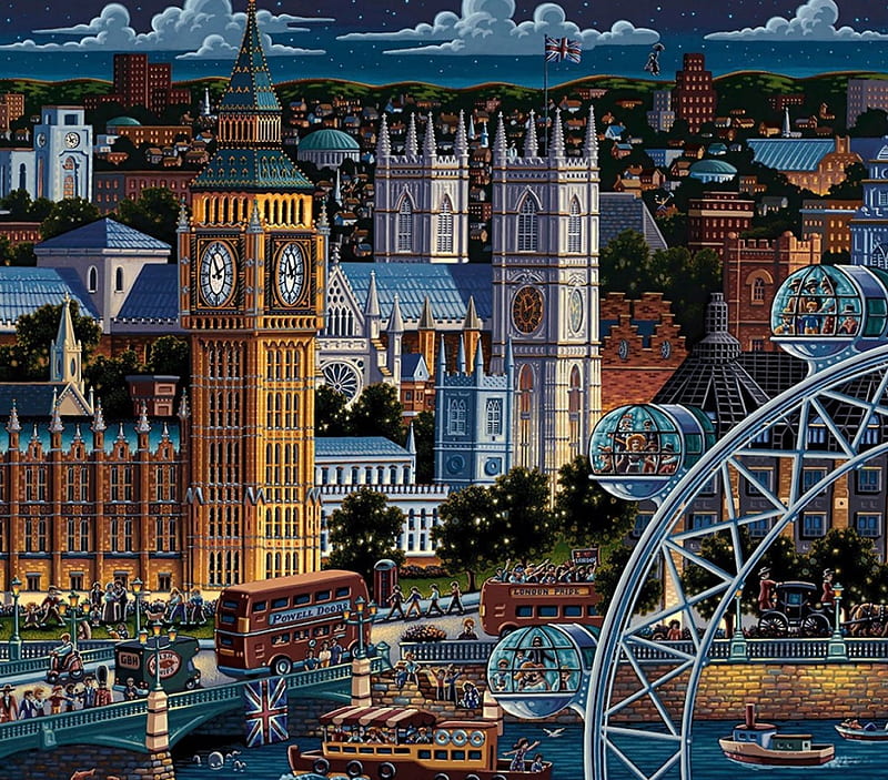 London, England F1, architecture, art, London, cityscape, artwork, England, British Isles, Great Britain, painting, wide screen, scenery, HD wallpaper