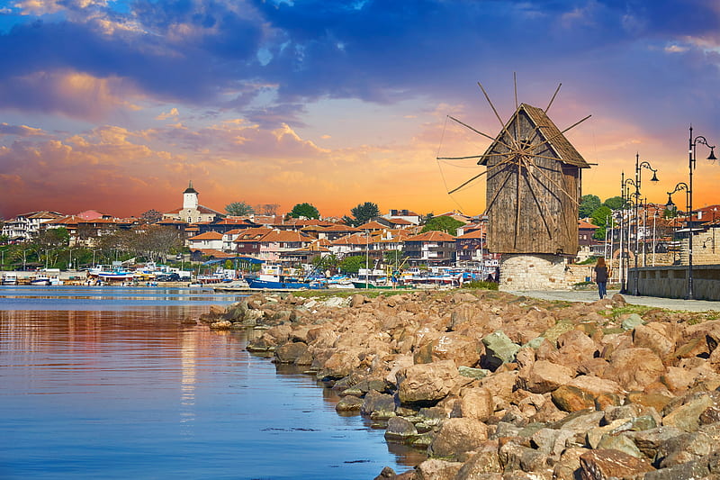 Buildings, Windmill, Bulgaria, Lake, Nessebar, Shore, HD wallpaper