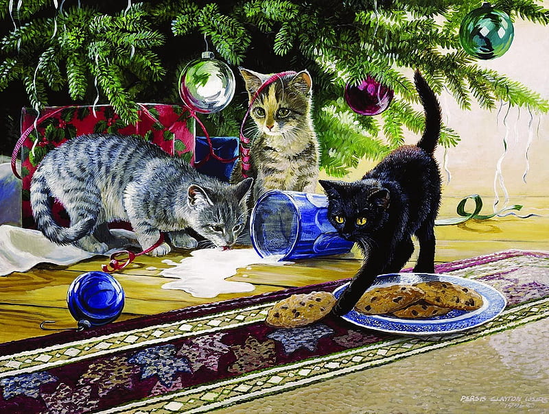 No Christmas treat for Santa this year :D, milk, cat, pisici, blue, art, craciun, christmas, black, cookie, persis clayton weir, painting, pictura, HD wallpaper