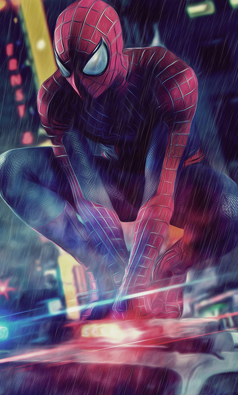 Spider-Man, amazing, art, avengers, fantasy, marvel, rain, guerra, HD phone wallpaper