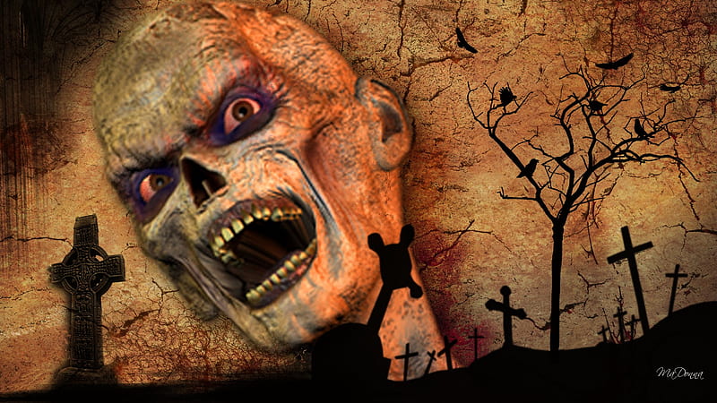 Halloween Scary, ghoul, crows, halloween, haunted, firefox persona, dead tree, grave stones, ghost, scary, graveyard, cross, HD wallpaper
