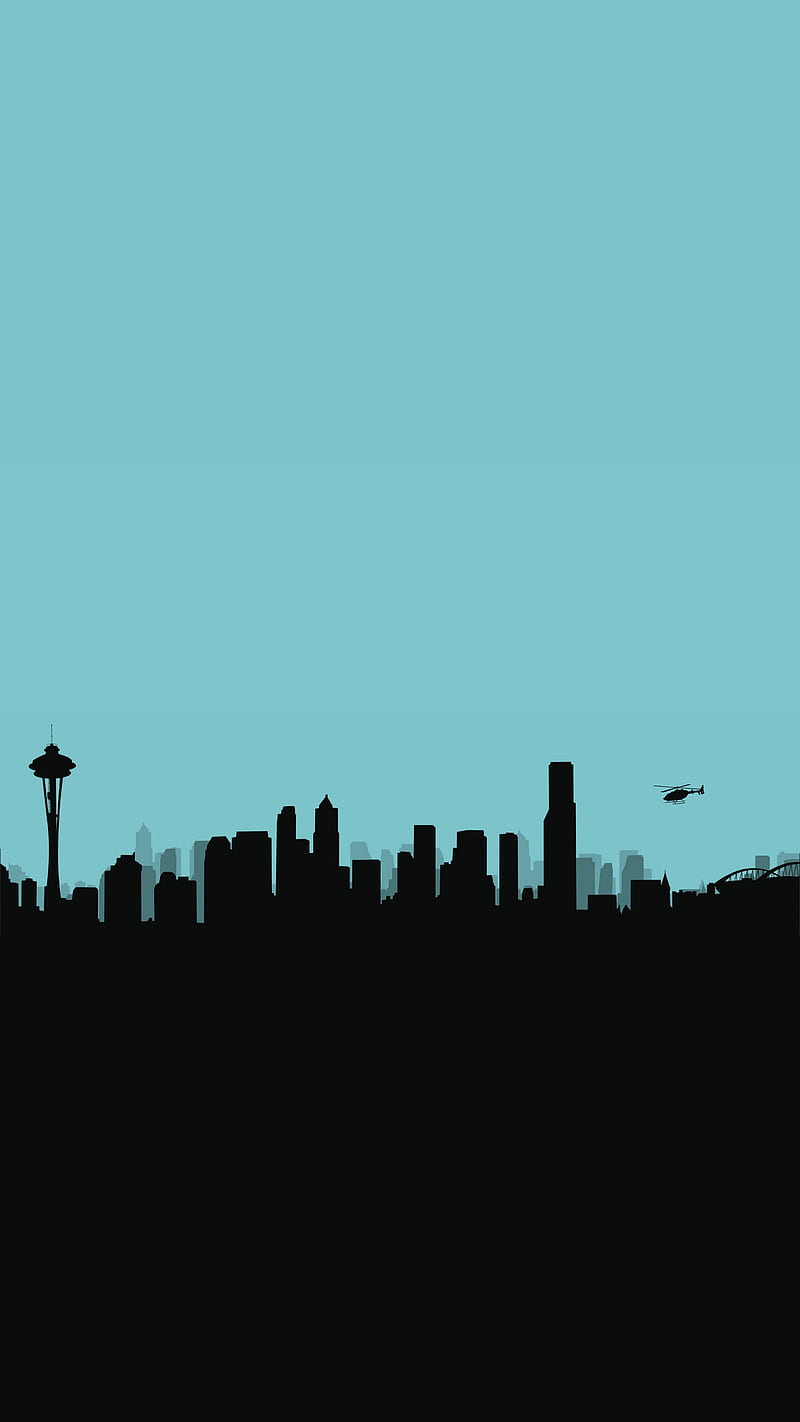 Seattle Skyline, 929, black, blue, flat material design, minimal, simple, HD phone wallpaper