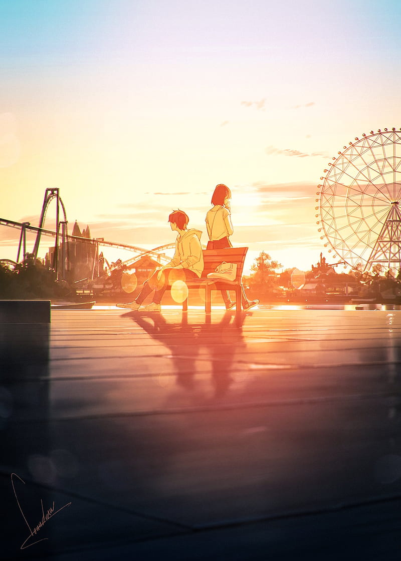 sunset, theme parks, anime, sunlight, HD phone wallpaper