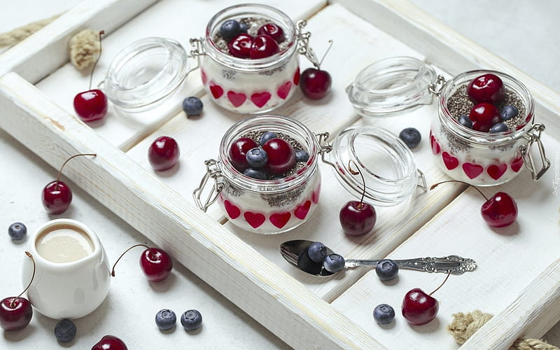 Yogurt with Berries, yogurt, berries, jars, cherries, blueberries, dessert, HD wallpaper