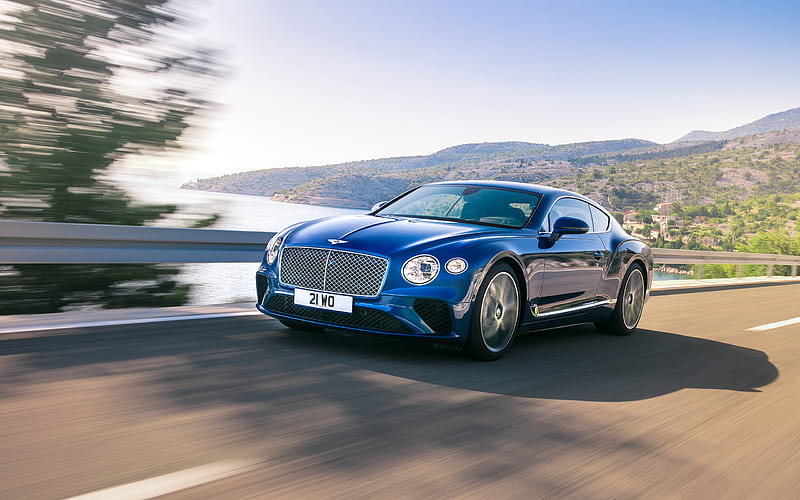 Bentley Continental GT, 2018, luxurious blue coupe, British cars, road, speed, Bentley, HD wallpaper
