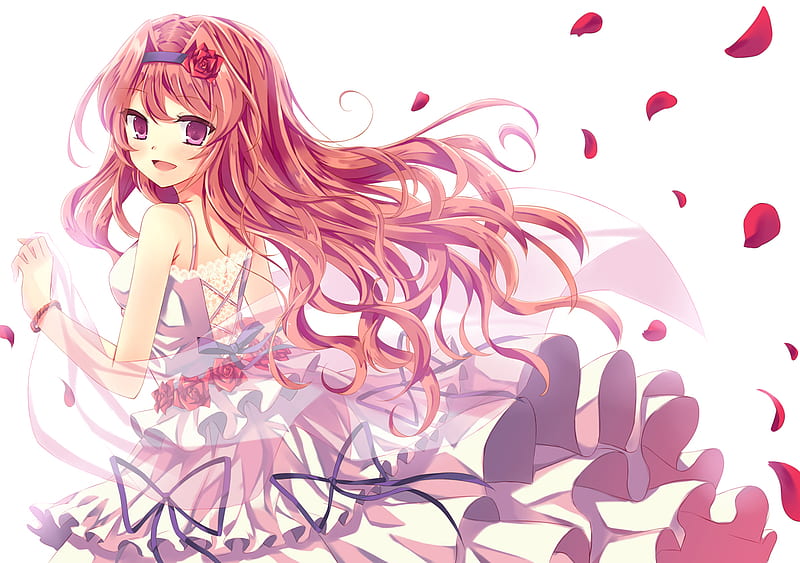 pink beauty, pink eyes, pretty, smile, cute, girl, anime, beauty, petals, frills dress, pink hair, HD wallpaper