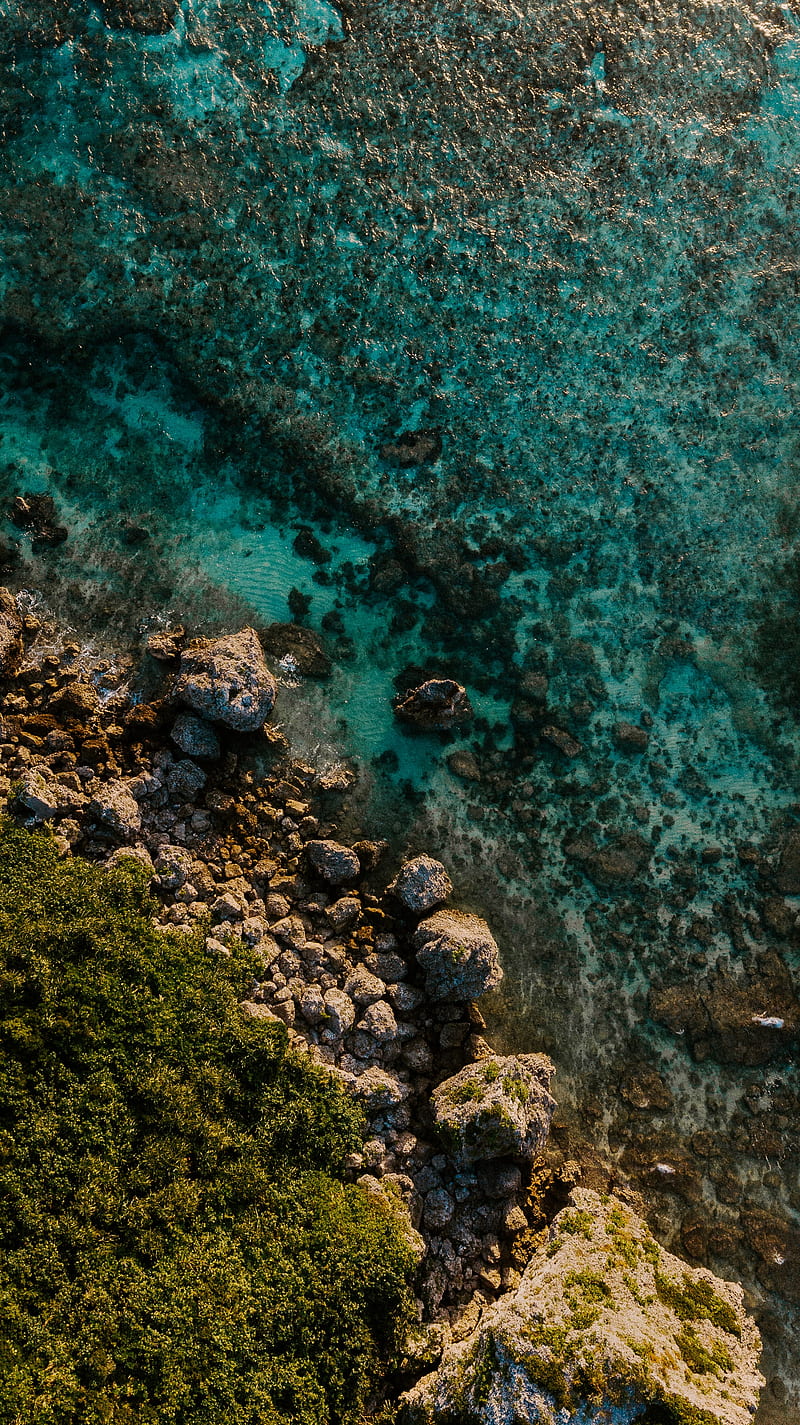 sea, shore, aerial view, water, stones, HD phone wallpaper
