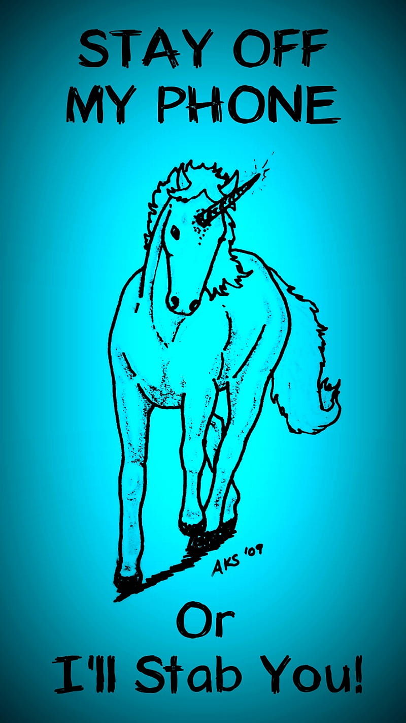 Stay Off Unicorn, art, attitude, back off, do not touch, drawn, fantasy, funny, horned horse, hurt you, lock screen, locked, magic, mine, my phone, poke, sayings, stay away, threat, threaten, warning, HD phone wallpaper