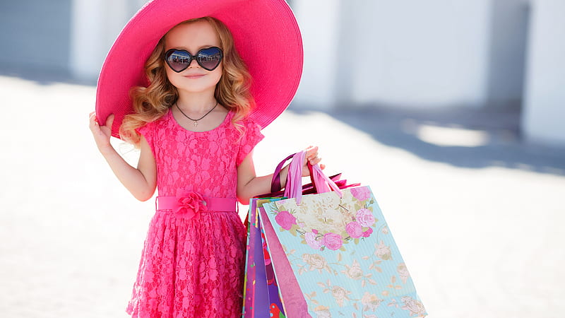 Small Cute Girl Is Wearing Pink Dress And Hat Having Bags In Hand Cute, HD wallpaper