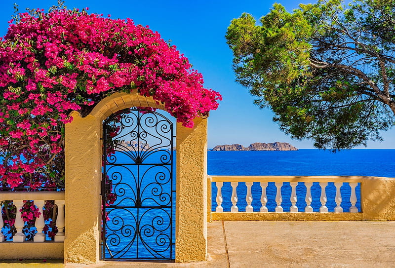 Idyllic view to Mediterranean sea coast, Mediterraneo, idyllic, arch, view, summer, bonito, coast, gate, exotic, sea, HD wallpaper
