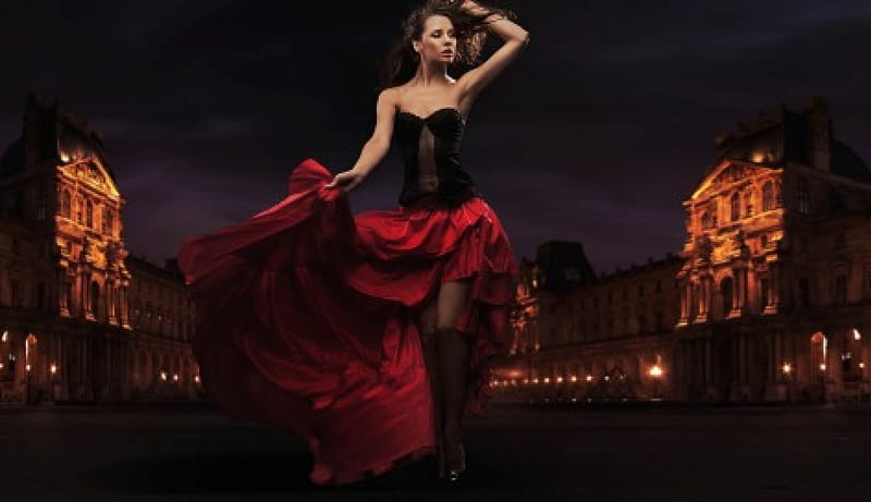 Flamenco dancer, city, beauty, sky, dancing, lights, night, women, dancer, HD wallpaper