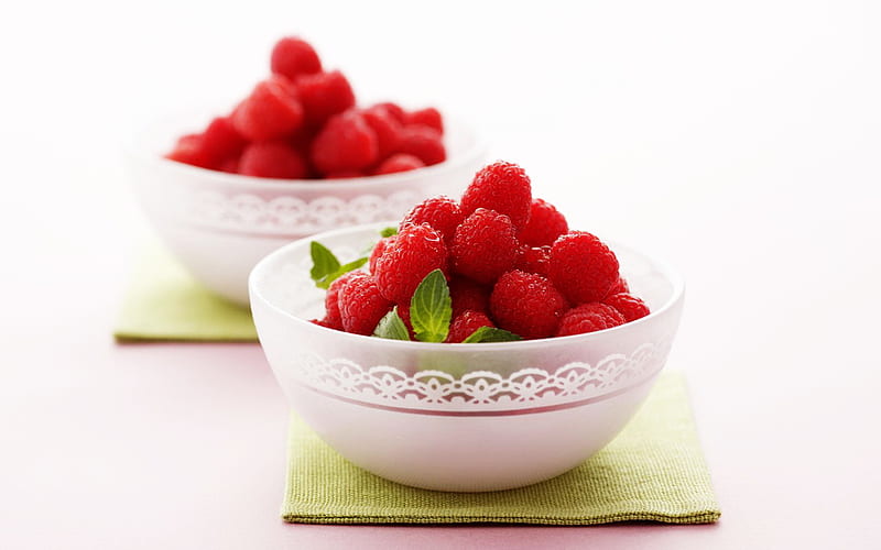 bowls of raspberrys, red fruit, delicate flavour, two bowls, raspberrys, sweet, HD wallpaper