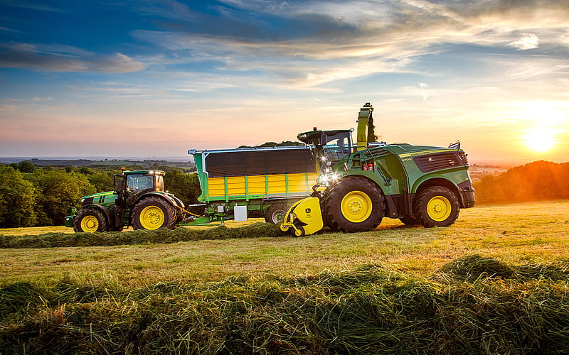 John Deere 9700i, John Deere 6250R, picking grass, 2021 tractors, R, agricultural machinery, harvest, green tractor, agriculture, John Deere, HD wallpaper