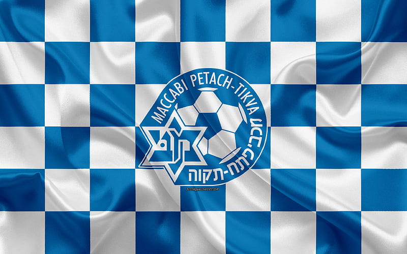 Maccabi Petah Tikva FC Israeli Premier League, blue and white checkered flag, Israeli football club, silk flag, football, soccer, Maccabi Petah Tikva logo, Israel, HD wallpaper
