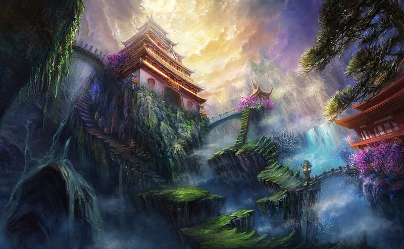 Fairy land, world, huili, art, fantasy, luminos, temple, hui li, castle, HD wallpaper