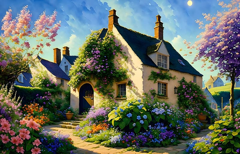 Cottage dream, Front, fantasy, Art, Cottage, Spring, AI, CG, Garden, pretty, HD wallpaper