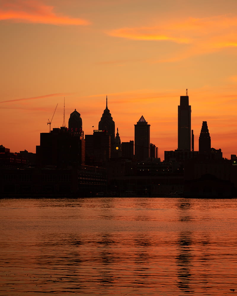 skyscrapers, buildings, silhouette, sunset, sea, HD phone wallpaper