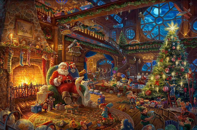 Santa's Workshop - Thomas Kinkade, christmas, decoration, artwork, fire, tree, painting, room, chimney, gifts, HD wallpaper