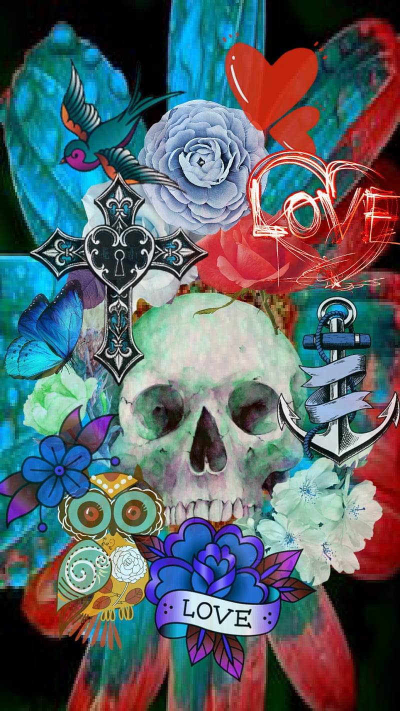 Owl always love you, cross, dead, skull, sugar, sword, turquouse, HD phone wallpaper