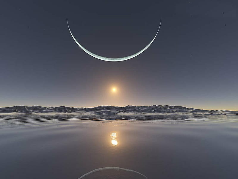 Sunset, moon, snow, cold, north pole, HD wallpaper
