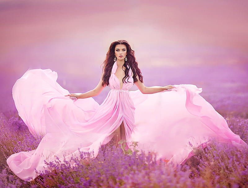 Flowing Pink Dress Long Hair Model Beauty Outdoors Hd Wallpaper