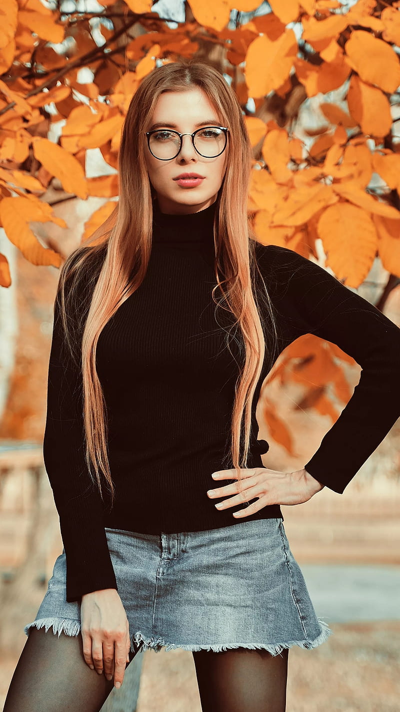 Autumn, cute, eyeglasses, girl, jeans, jeans skirt, orange hair, orange leaves, pretty, short skirt, HD phone wallpaper