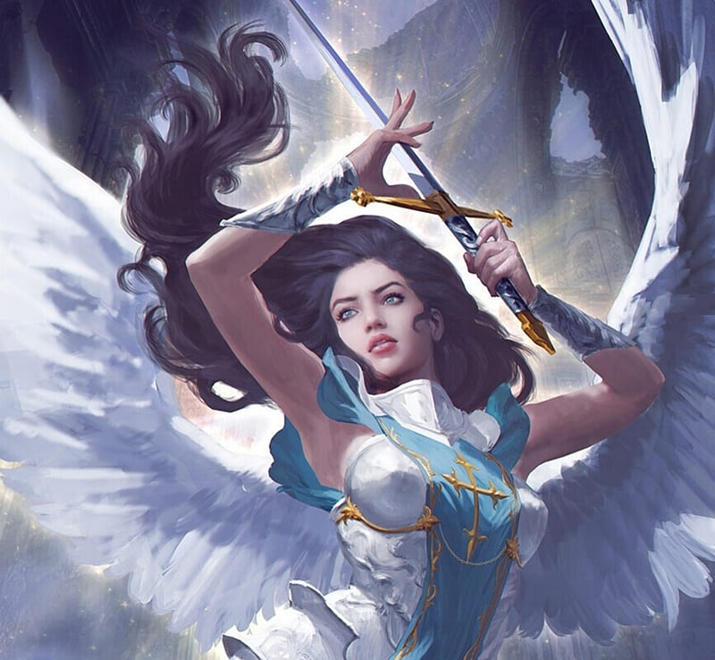 Angel, blue, wings, white, fantasy, art, caterina kaly, girl, HD ...