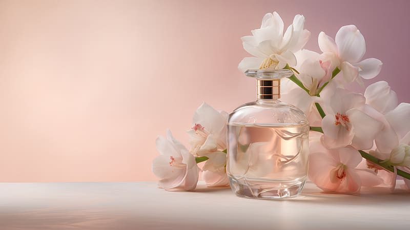 Perfume bottle, Smell, Flowers, Pink background, Liquid, HD wallpaper