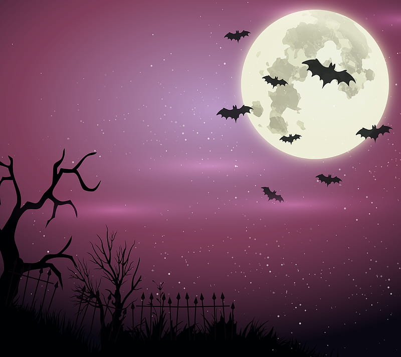 Purple Halloween, bats, moons, spooky, HD wallpaper