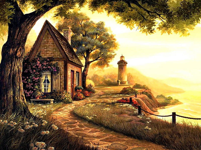 Lovely house on the sea shore, pretty, shore, house, sun, cabin, countryside, nice, stones, calm, bank, bright, village, path, flowers, art, cozy, lovely, ocean, trees, lighthouse, water, serenity, rays, glow, cottage, lantern, dazzling, shine, bonito, small, sea, painting, river, light, clear, bench, lake, peaceful, summer, HD wallpaper
