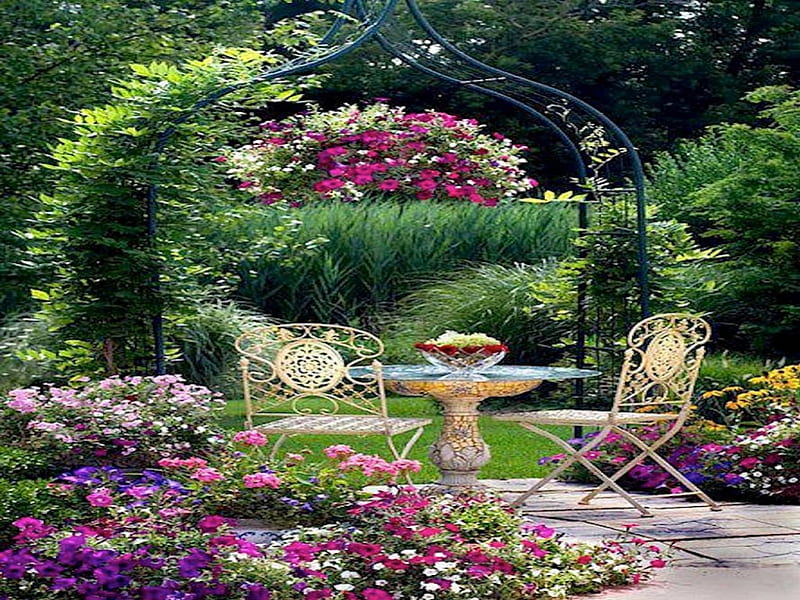 Lovely Courtyard, patio, table, chairs, flowers, garden, wrought iron, pair, HD wallpaper