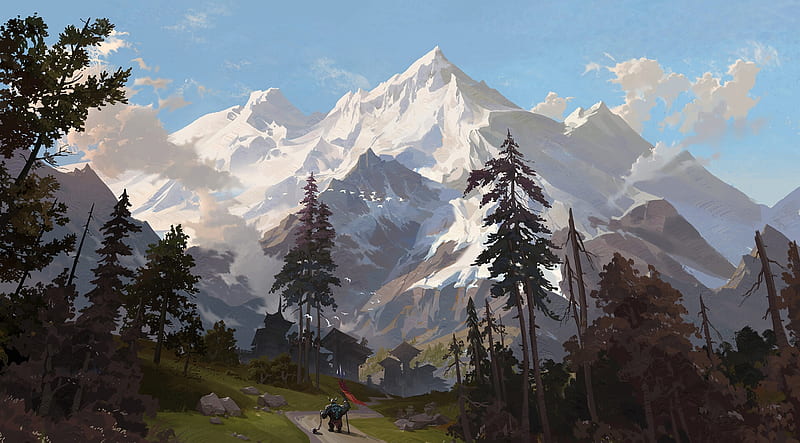 fantasy landscape, mountain, dwarf, snowline, clouds, trees, Fantasy, HD wallpaper