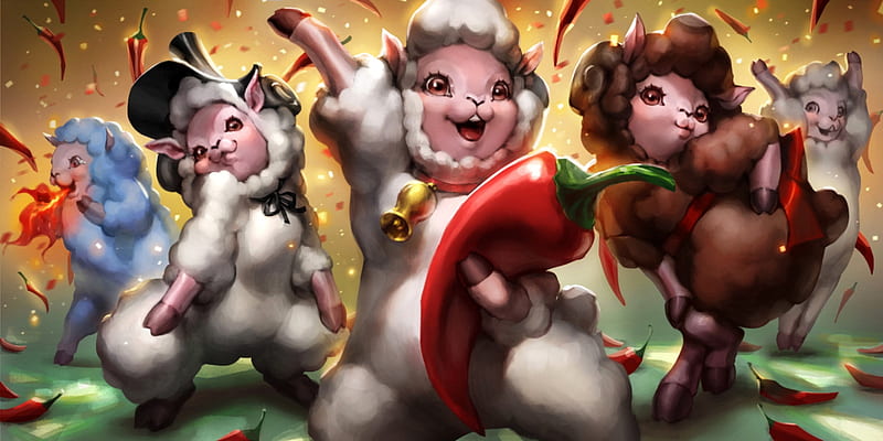 Red hot chilly dancers sheep, dancer, red, sheep, fantasy, chilli pepper, lucy rakavka, funny, HD wallpaper