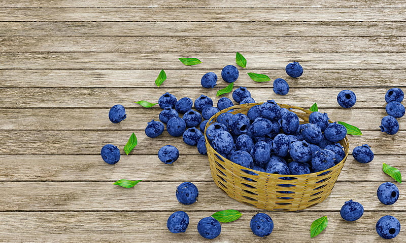 Close up and top view Pile lots of blueberries in a bamboo basket. Dark blueberry, fresh color, white pattern Drop on a wooden table surface, , or background. Fruit for healthy 3D, HD wallpaper