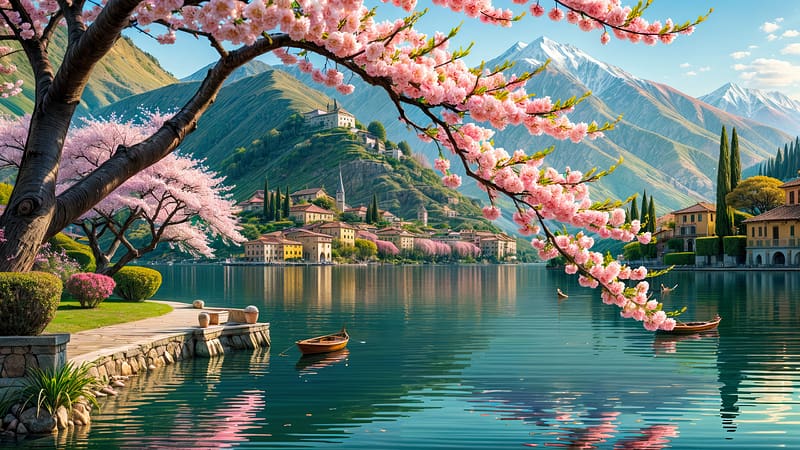 Lake Como in spring, view, Italy, cherry, Como, springtime, lake, houses, branches, beautiful, mountain, HD wallpaper