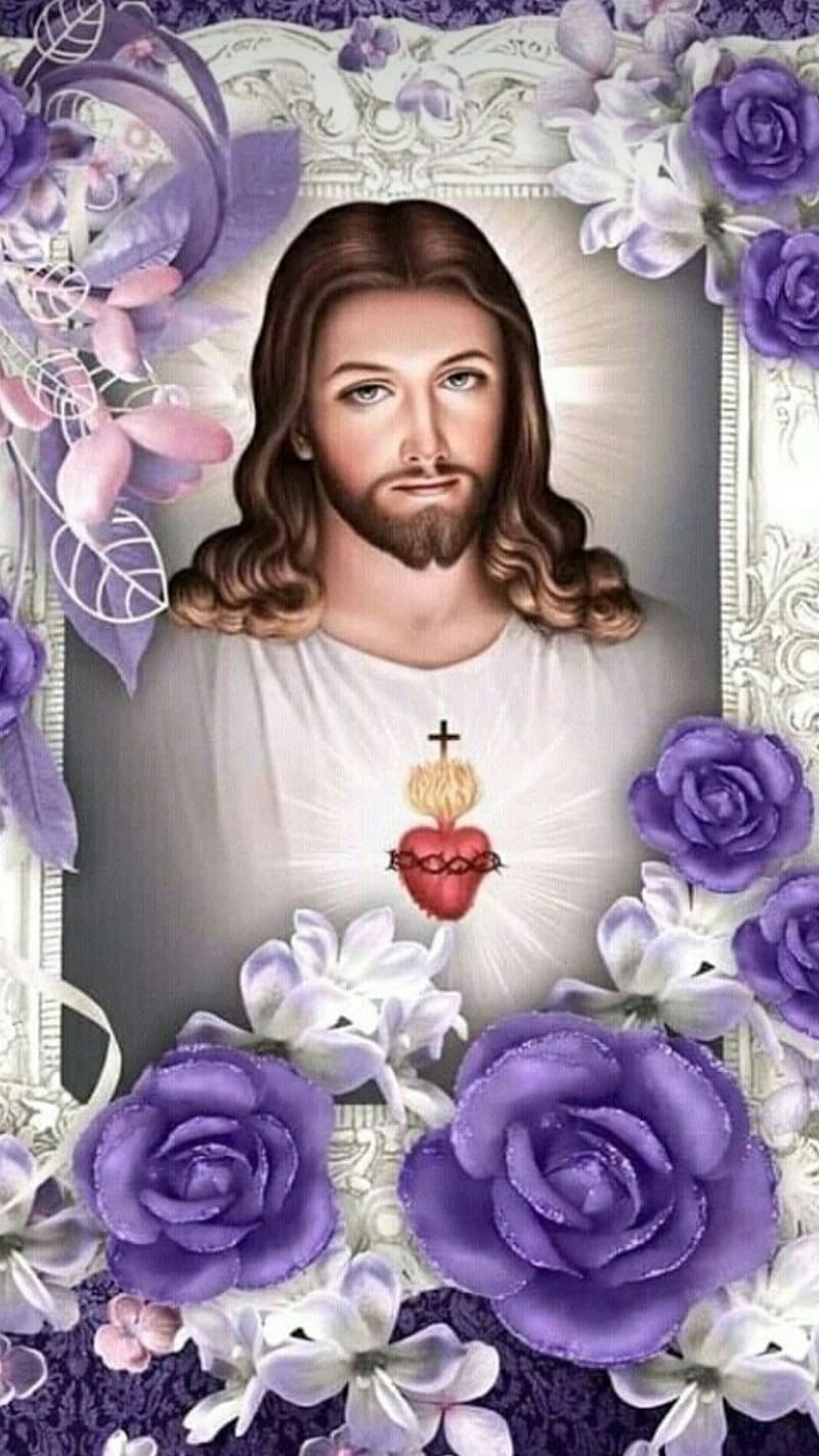 Jesus With Purple Flowers, jesus , purple flowers, sacred heart, lord, god, christ, HD phone wallpaper