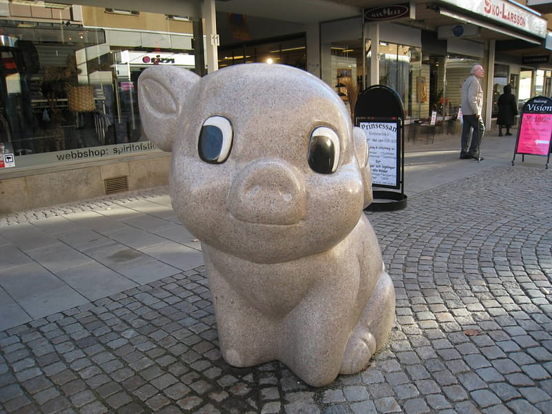Pig or Dog ?, windows, stones, figure, town, shops, HD wallpaper