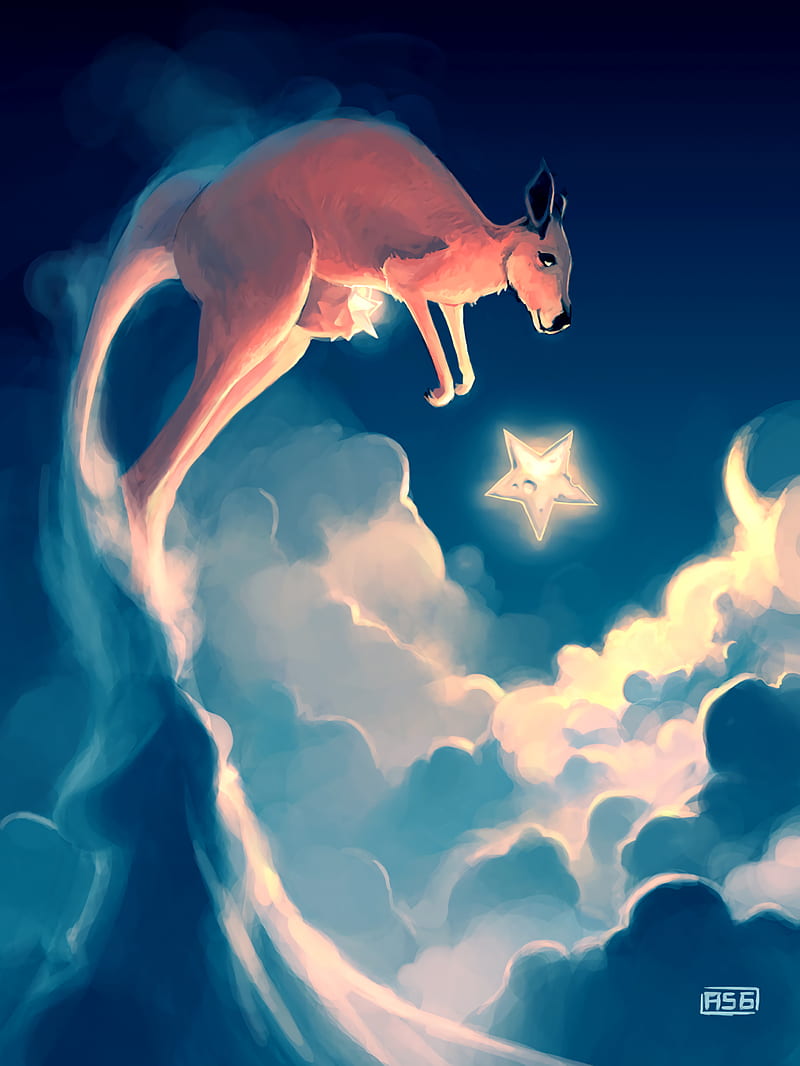kangaroos, stars, clouds, sky, art, HD phone wallpaper