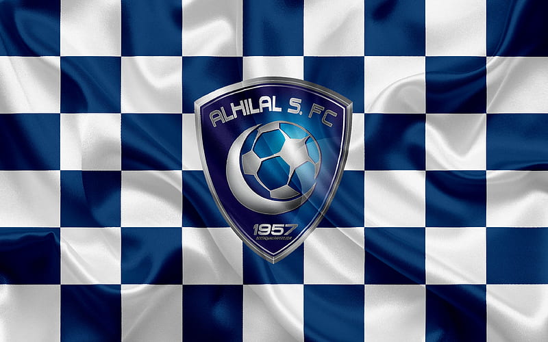 Al-Hilal FC logo, creative art, white blue checkered flag, Saudi football club, Saudi Professional League, silk texture, Riyadh, Saudi Arabia, football, HD wallpaper
