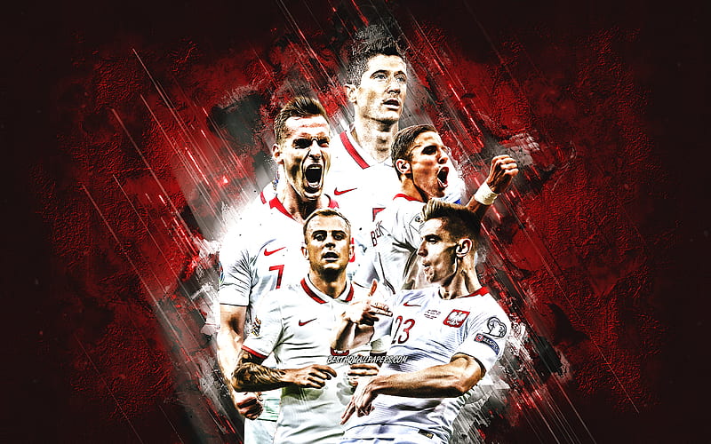 Poland national football team, red stone background, Poland, football, Robert Lewandowski, Arkadiusz Milik, Krzysztof Piatek, HD wallpaper