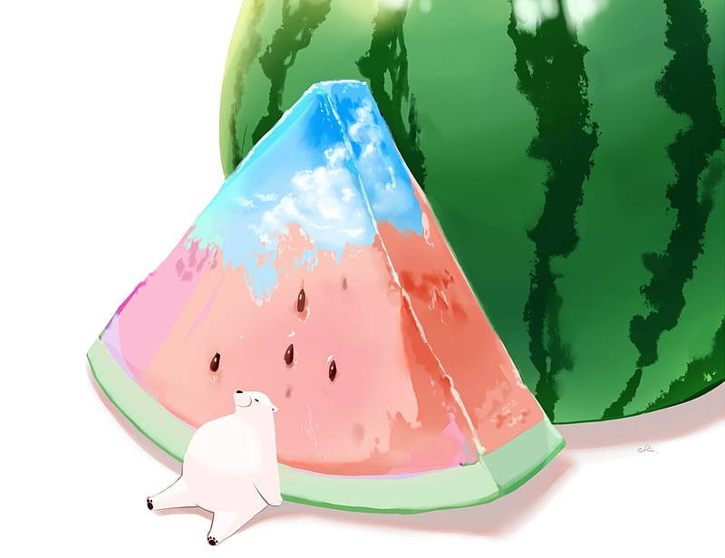 Watermon, fruit, watermelon, urs, chai, summer, bear, anime, pepene, green, red, manga, vara, HD wallpaper