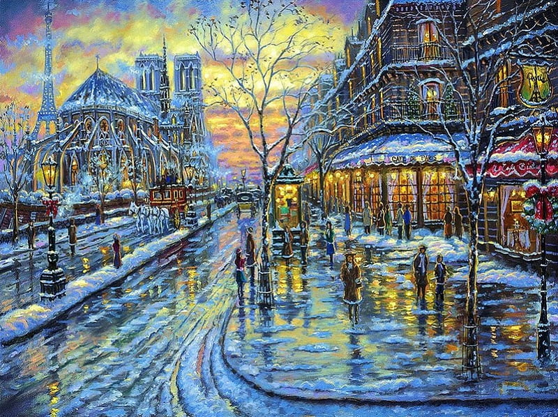 Christmas in Paris, snow, people, houses, painting, church, street,  artwork, HD wallpaper | Peakpx