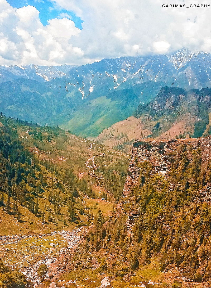 Himachal Pradesh, clouds, environment, height, hills, mountains, nature, riverside, sky, stones, trees, HD phone wallpaper