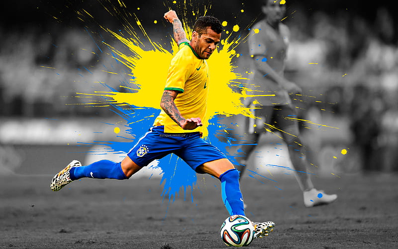 Dani Alves, art Brazil national football team, Brazilian footballer, defender, yellow blue splashes of paint, grunge art, creative art, Brazil, football, HD wallpaper