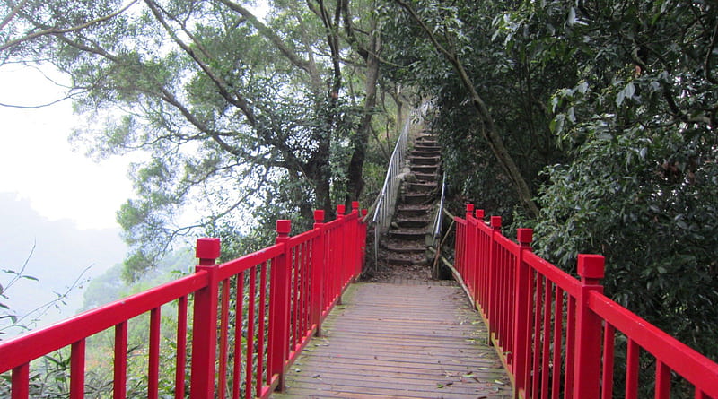Mountain trail, mountain, trail, wooden railing, red, HD wallpaper