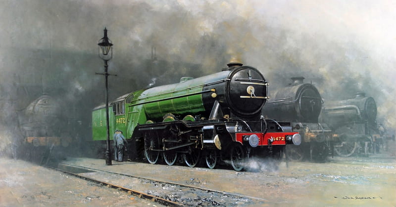 Flying Scotsman, locomotive, train, painting, steam, railways, artwork, HD wallpaper